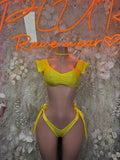 Yellow ruched bikini set with off-shoulder cropped top and tie-side high-cut bottoms