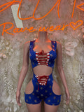 Stars-and-stripes USA flag bodysuit with lace-up front and cutout hip sides
