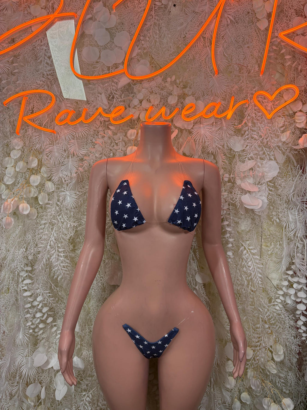 USA flag bikini, triangle top and matching bottoms, front view on mannequin.
