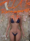 USA flag bikini, triangle top and matching bottoms, front view on mannequin.