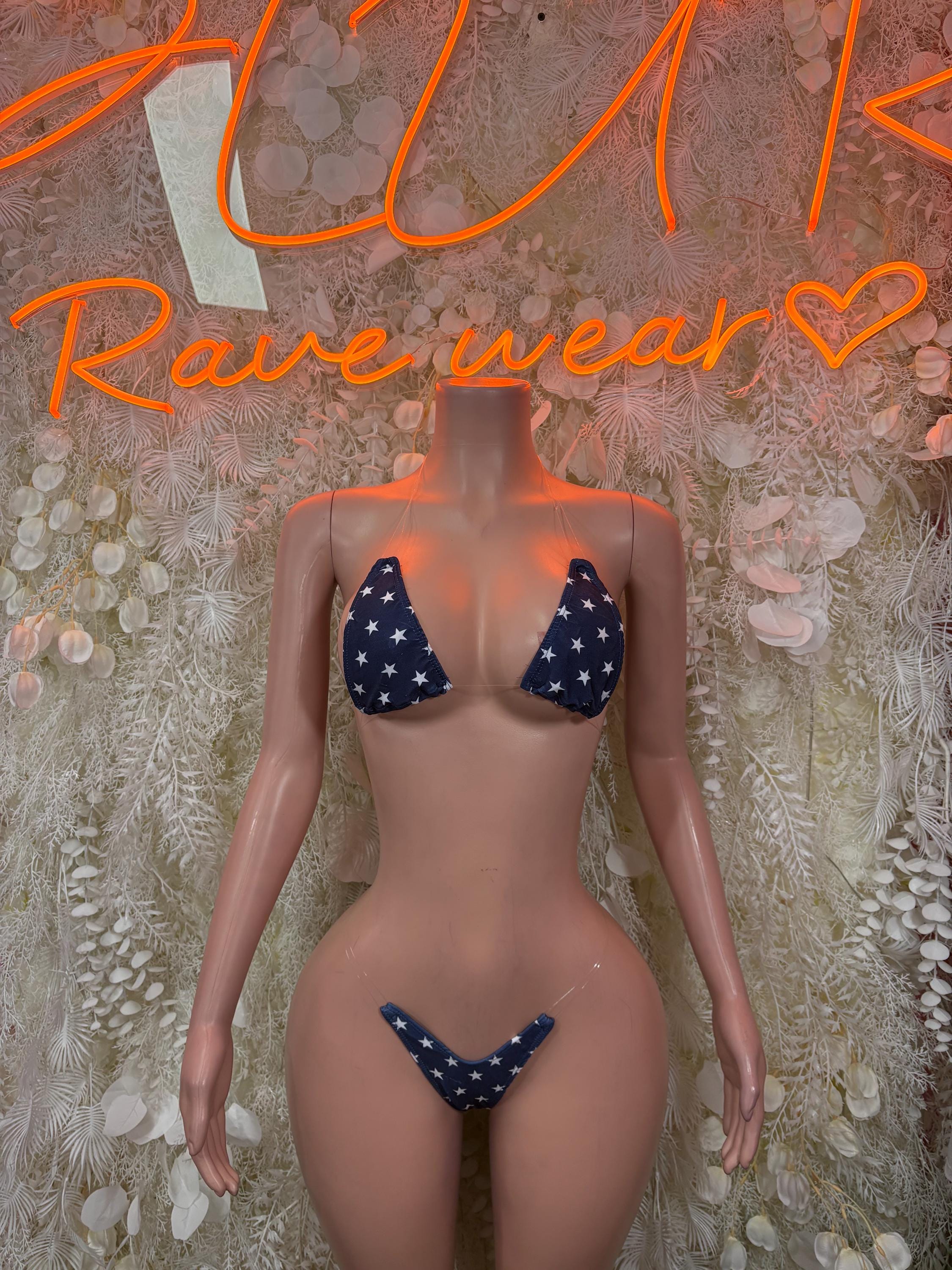 USA flag bikini, triangle top and matching bottoms, front view on mannequin.