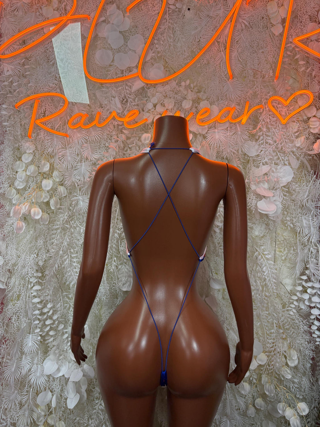 Red fishnet bodysuit swimsuit with blue crisscross back straps