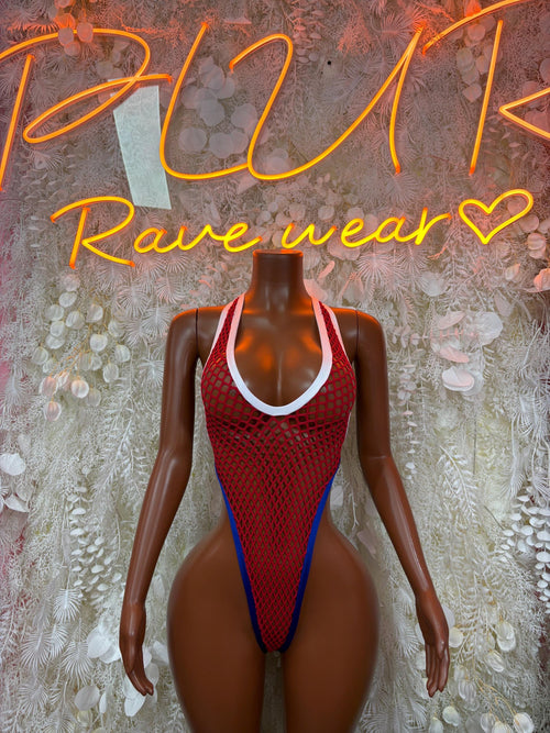Red fishnet bodysuit swimsuit with white scoop neckline and blue side trim