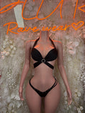 Black halter cutout bodysuit with ring center detail and matching bottoms