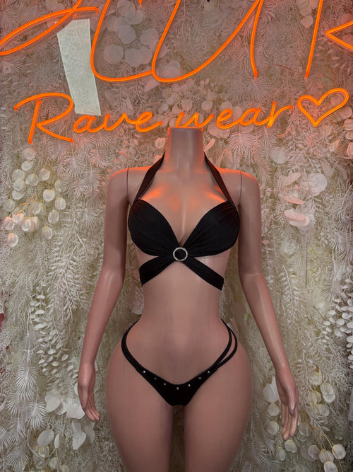 Black halter cutout bodysuit with ring center detail and matching bottoms