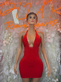 Red halter midi cocktail dress, ruched halter neckline, sleeveless fitted bodycon