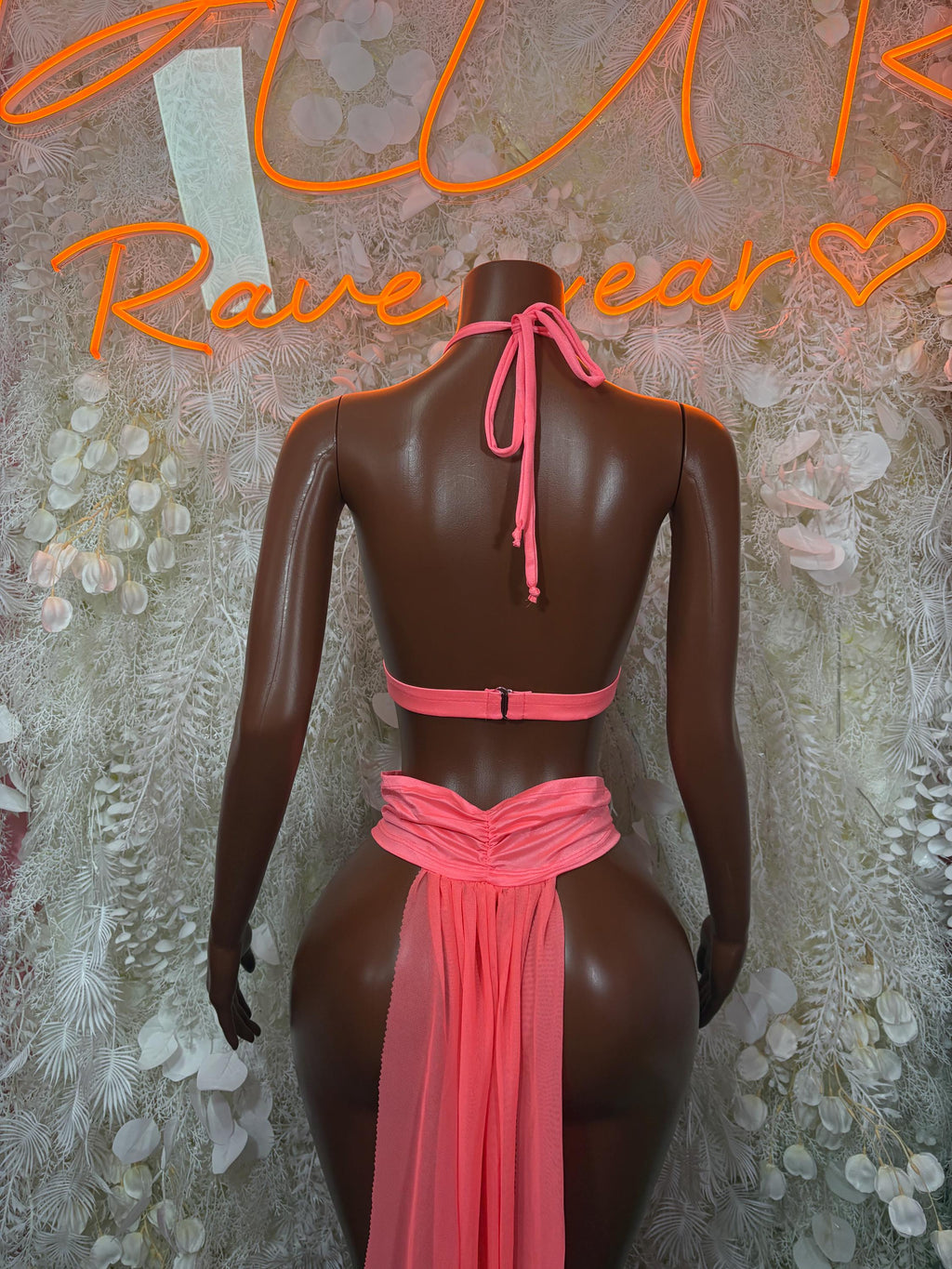 Coral halter back-tie gown with draped waist and ruched bikini bottom