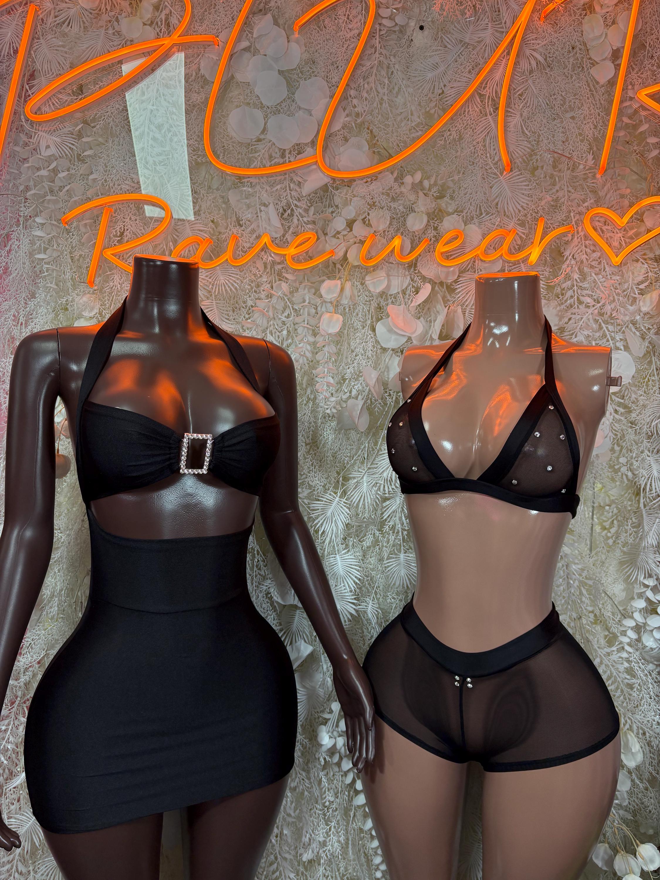 Women's strapless black midi dress and sheer mesh lingerie set on two mannequins