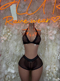 Black mesh two-piece dancewear set with halter bra top and matching sheer briefs