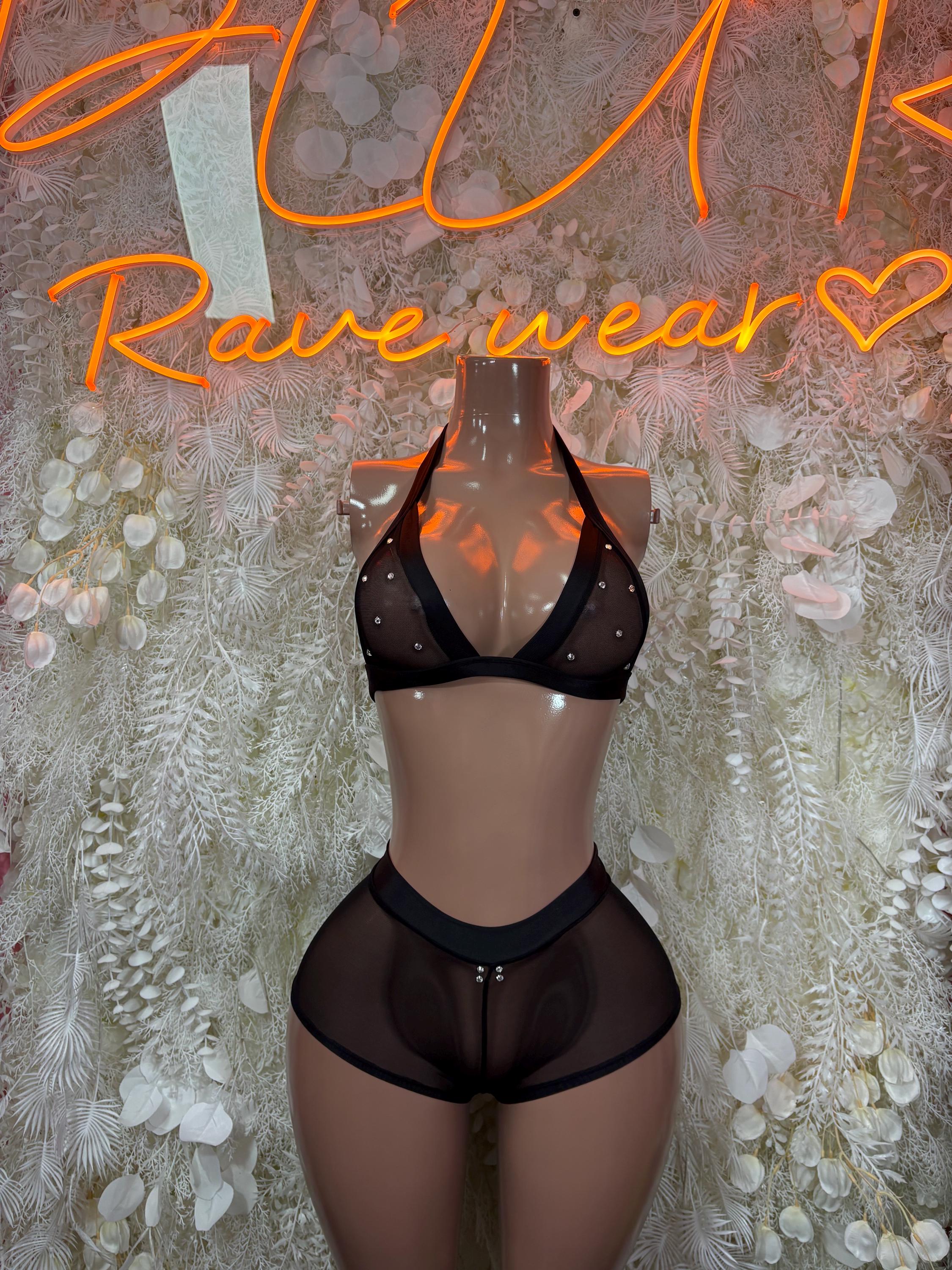 Black mesh two-piece dancewear set with halter bra top and matching sheer briefs