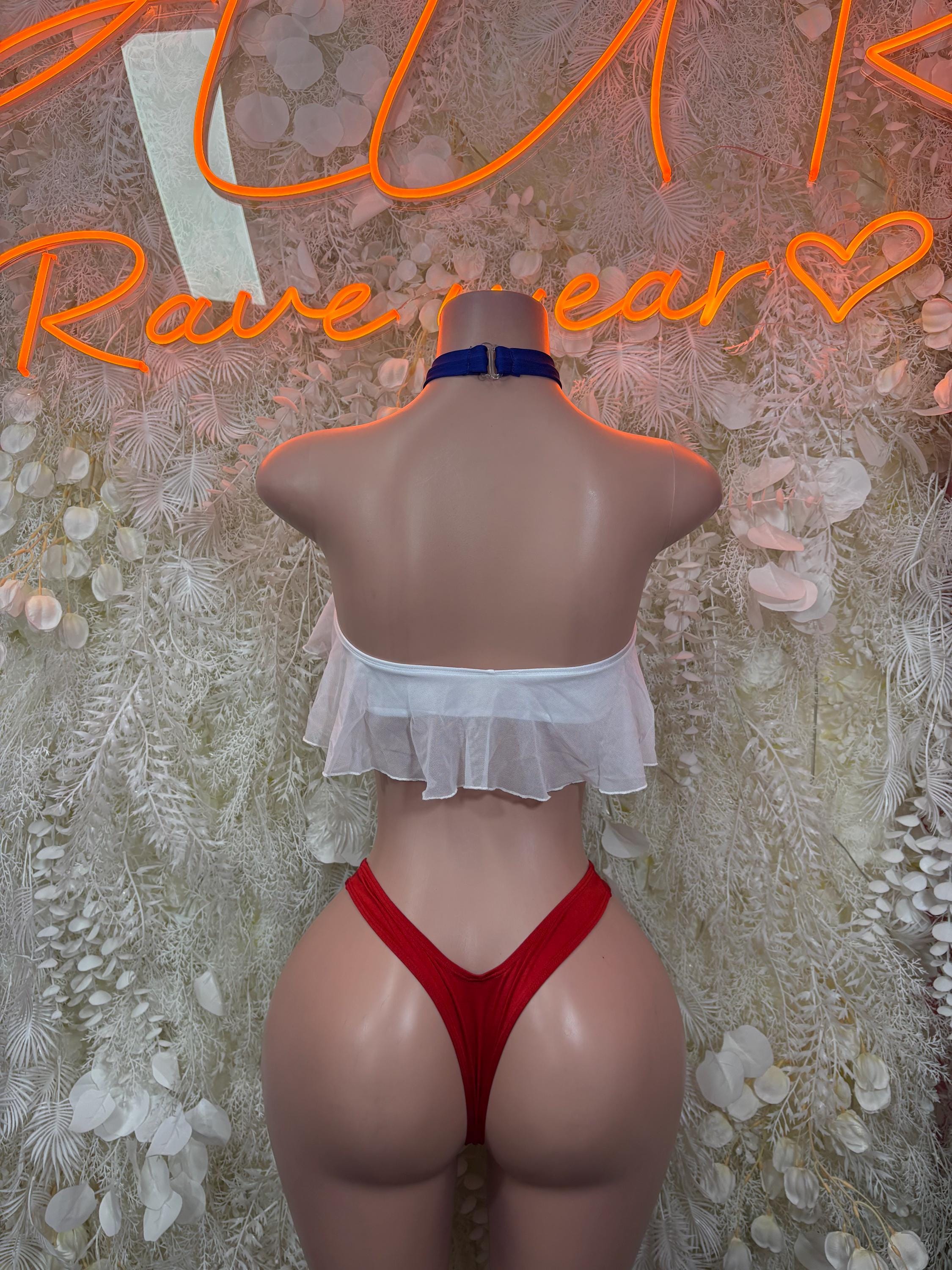 Back view of two-piece bikini with ruffled white halter top, red high-cut bottoms, blue choker