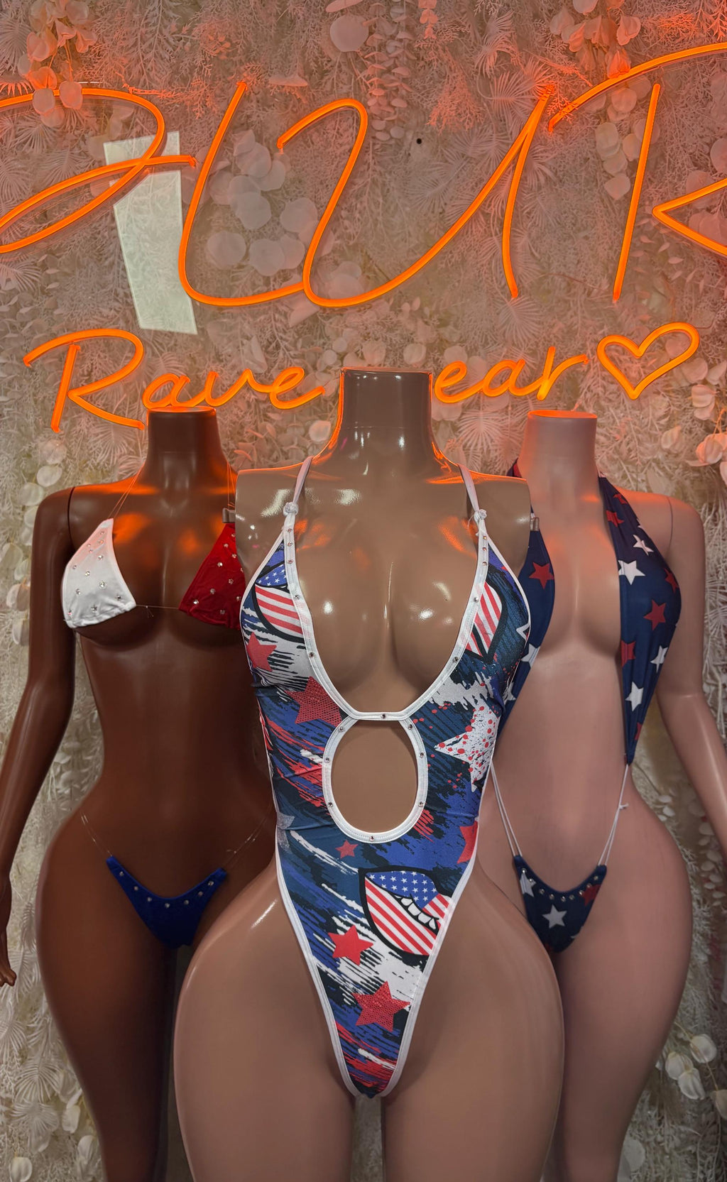 Patriotic star-and-stripe cutout two-piece bikini with red white blue print and ring strap