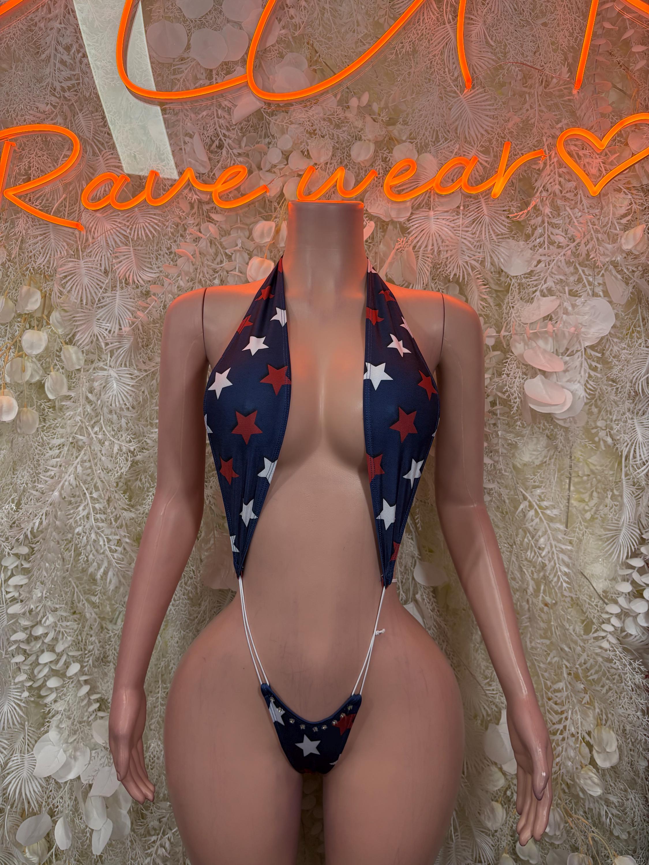 Patriotic one-piece swimsuit with star and stripe print, low back and halter ties