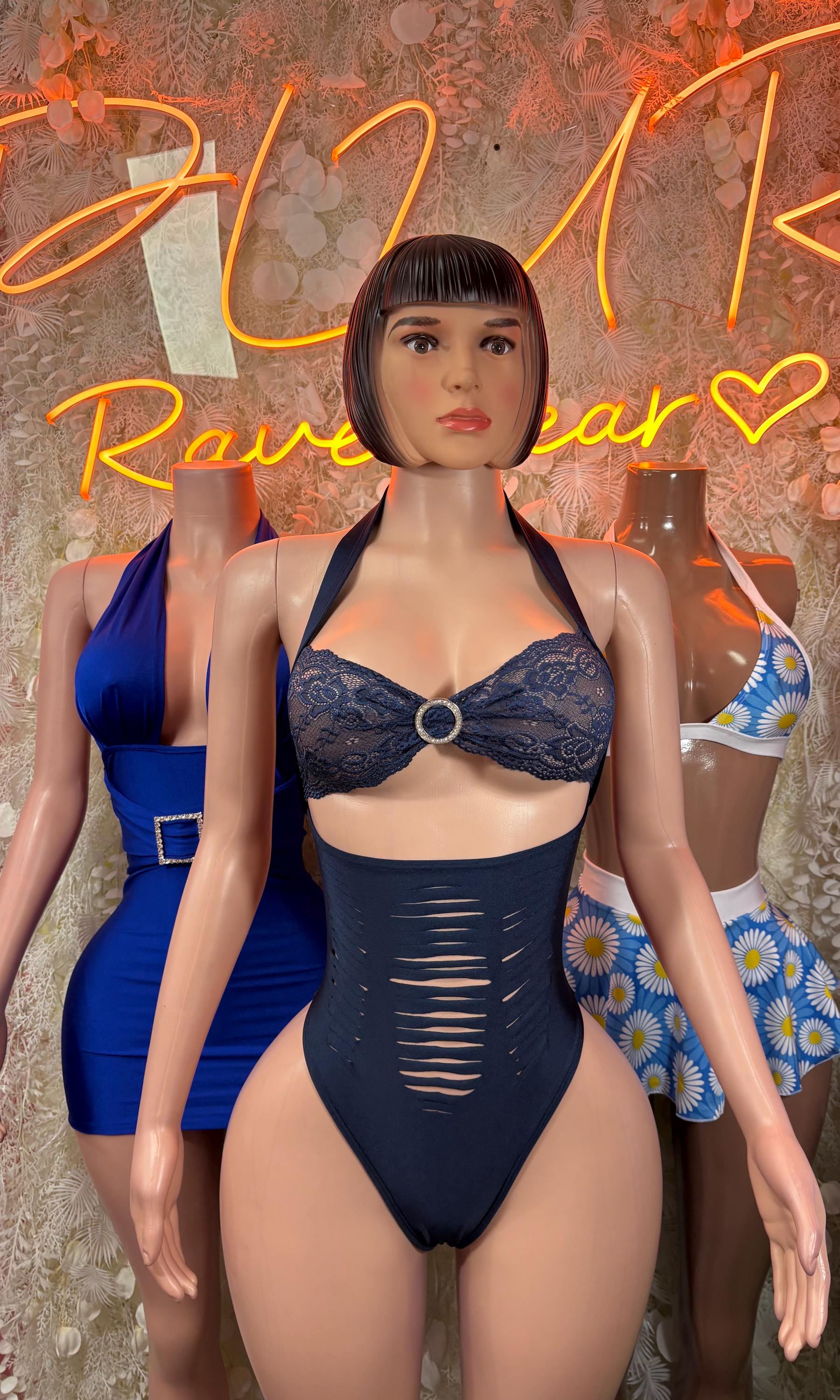 Dark blue lace halter bodysuit with circular ring detail and side cutouts