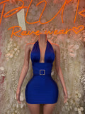 Blue halter mini dress with chest cutout and square buckle at waist