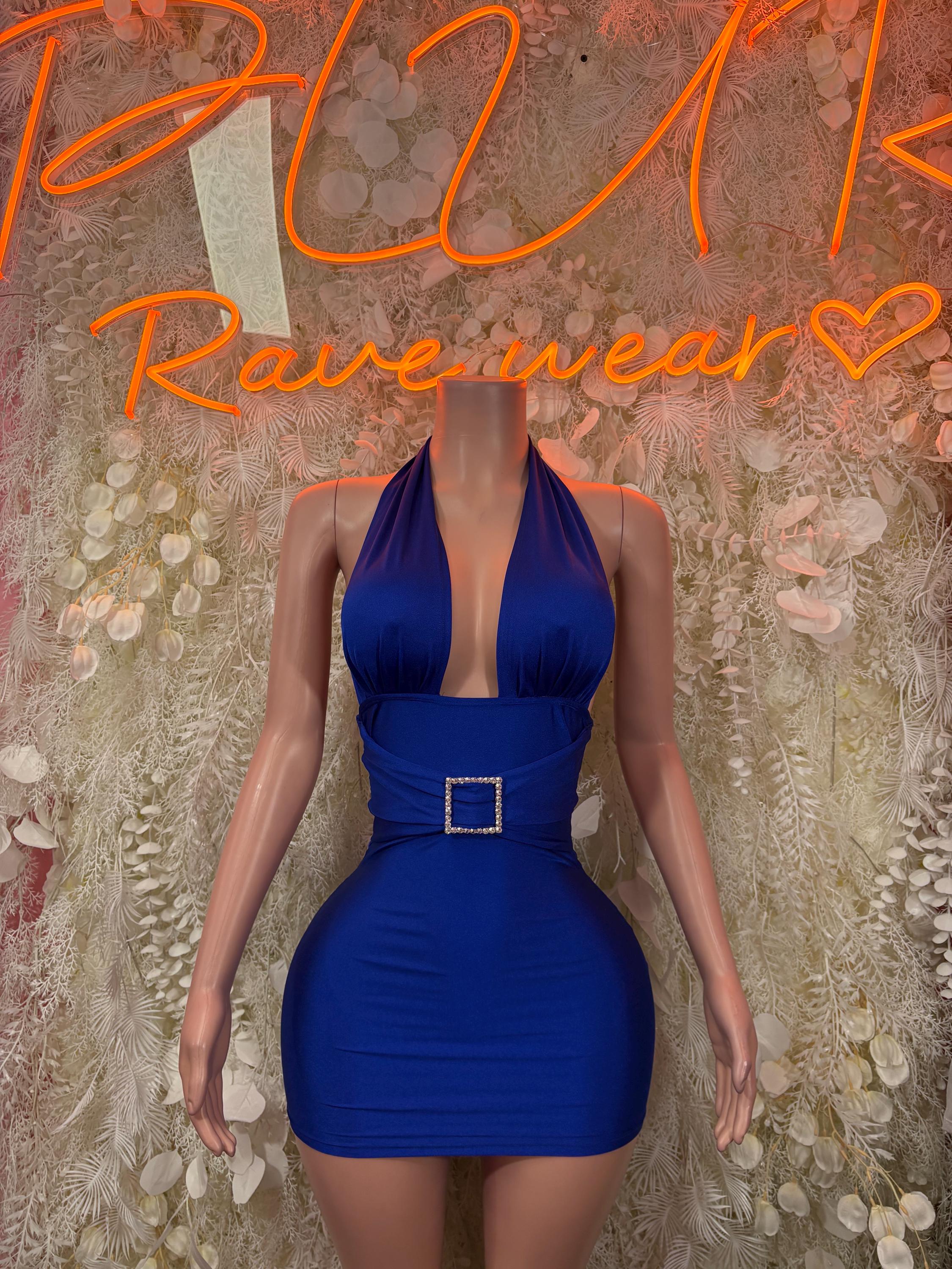 Blue halter mini dress with chest cutout and square buckle at waist