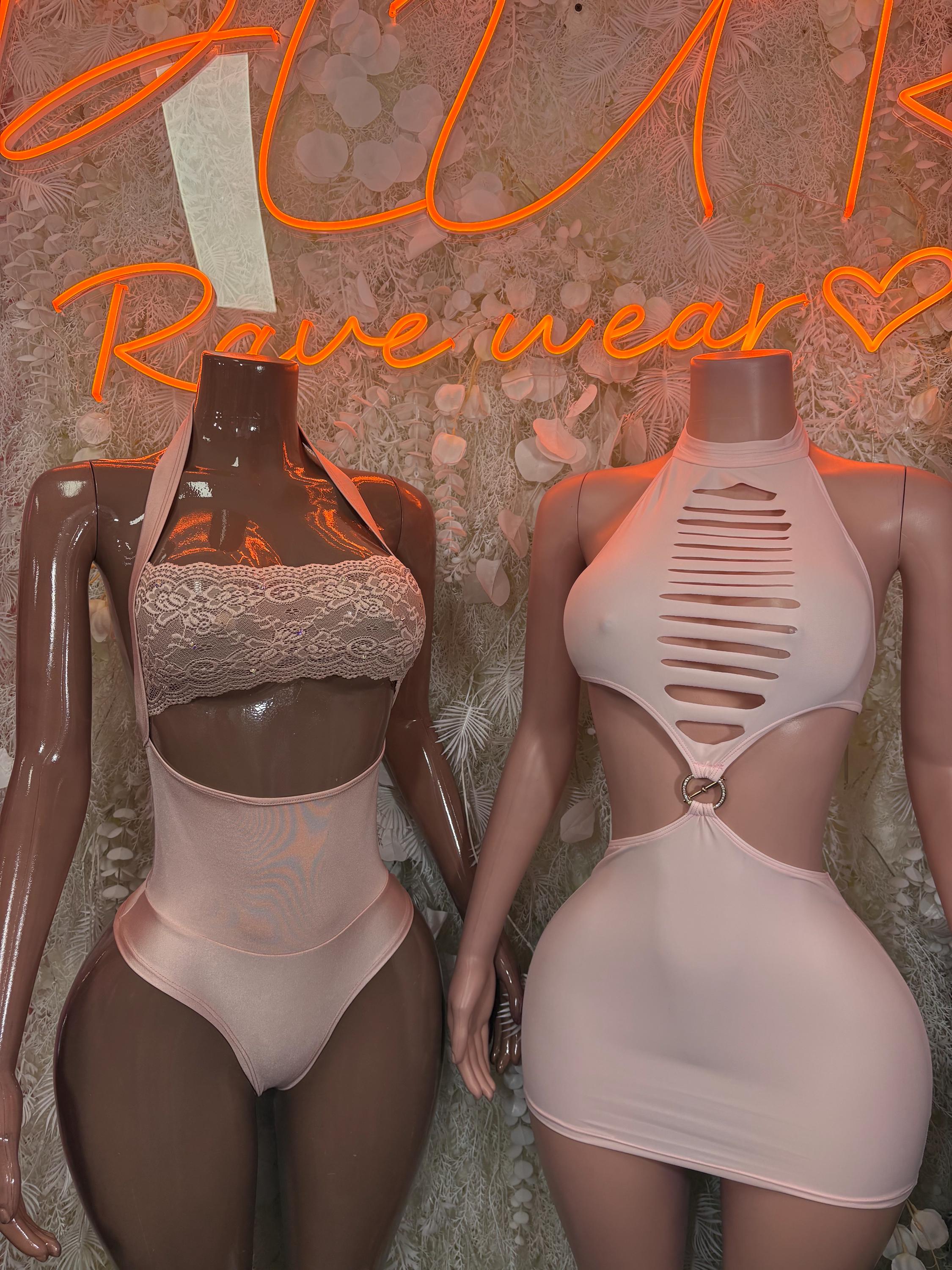 Nude lace bodysuit, with lace bra top and front strap cutout