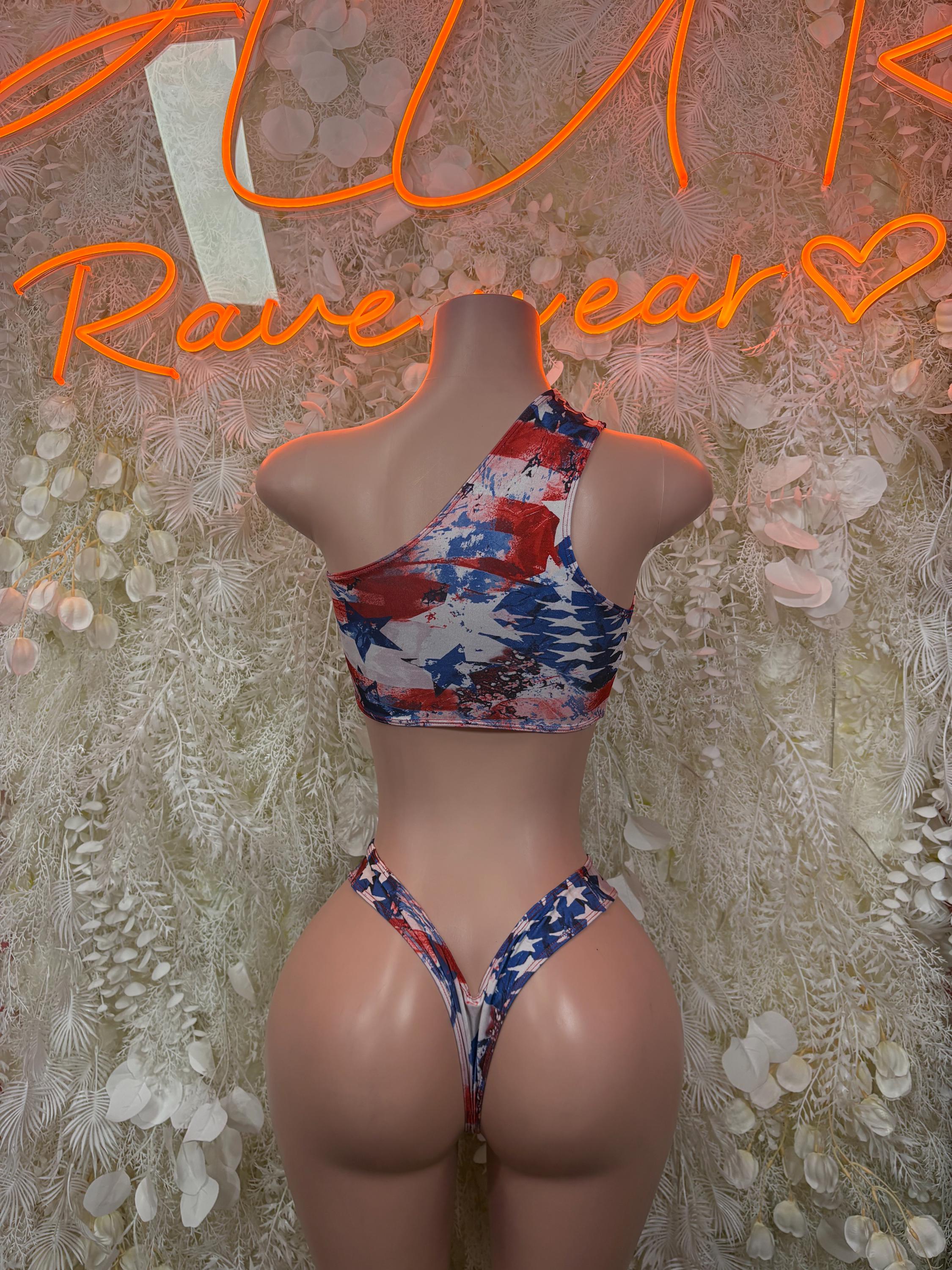 Star-and-stripe swimsuit with high-cut leg bottom and open back straps