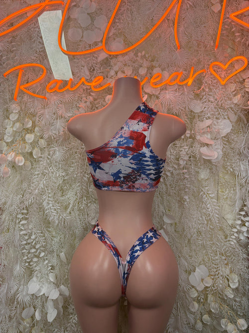 Star-and-stripe swimsuit with high-cut leg bottom and open back straps