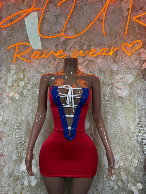 Women’s one-piece dress bodysuit with red skirt, blue corset panel, lace-up front