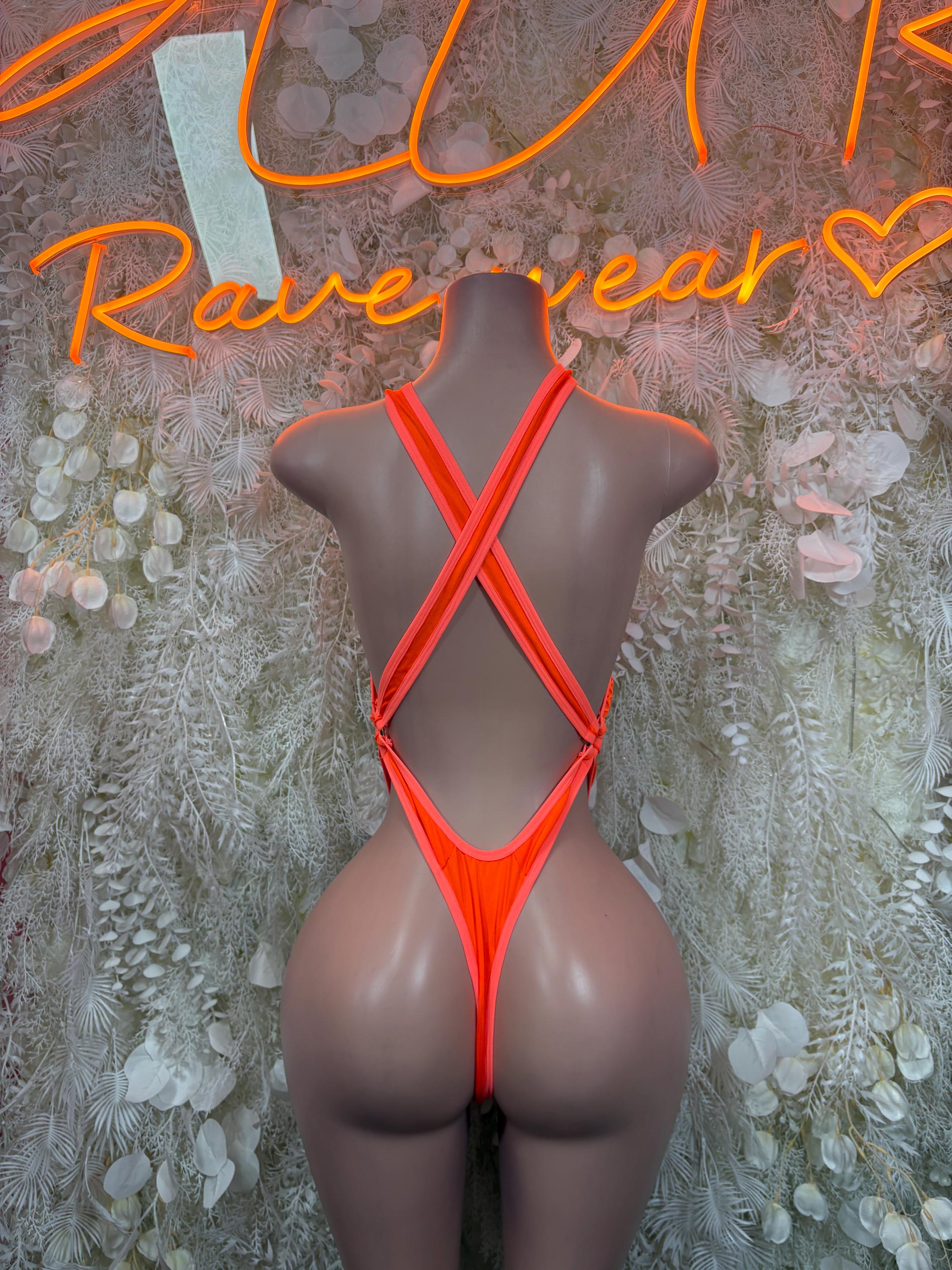 Orange fishnet one-piece bodysuit with crossed straps and high-cut back