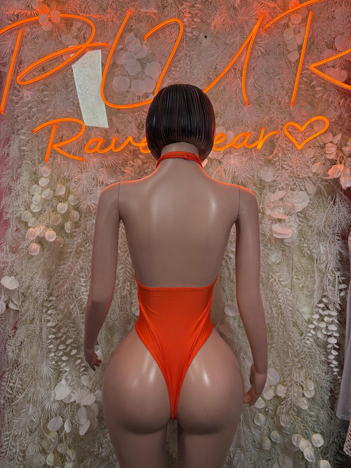 Orange halter one-piece bodysuit, back view with thin straps and open back