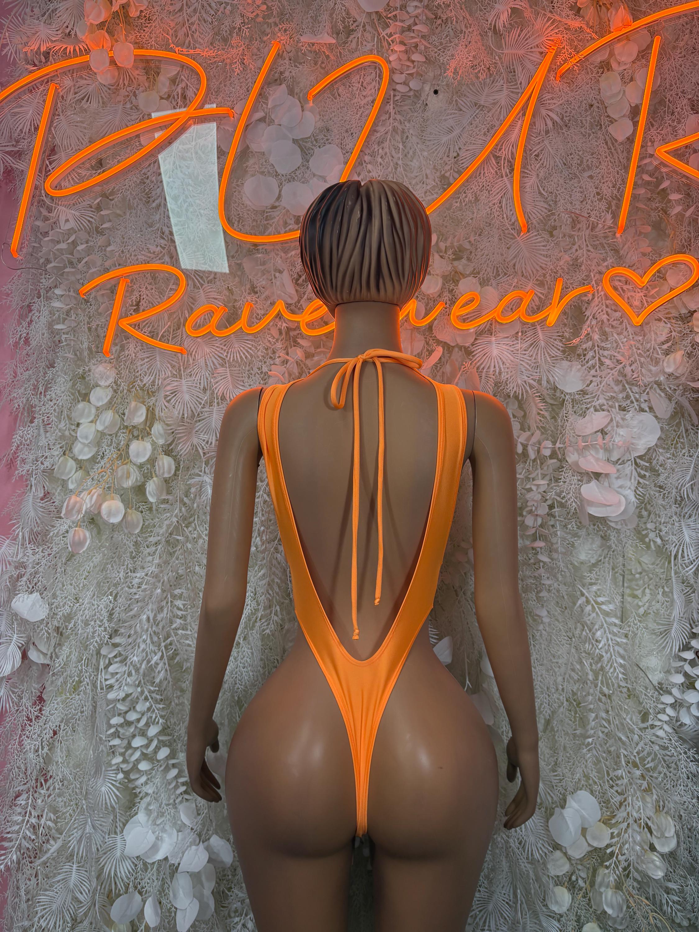 Orange backless bodysuit with deep V back and open sides, tie-back straps