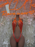 Orange high-cut mesh bodysuit with front cutout and tie straps