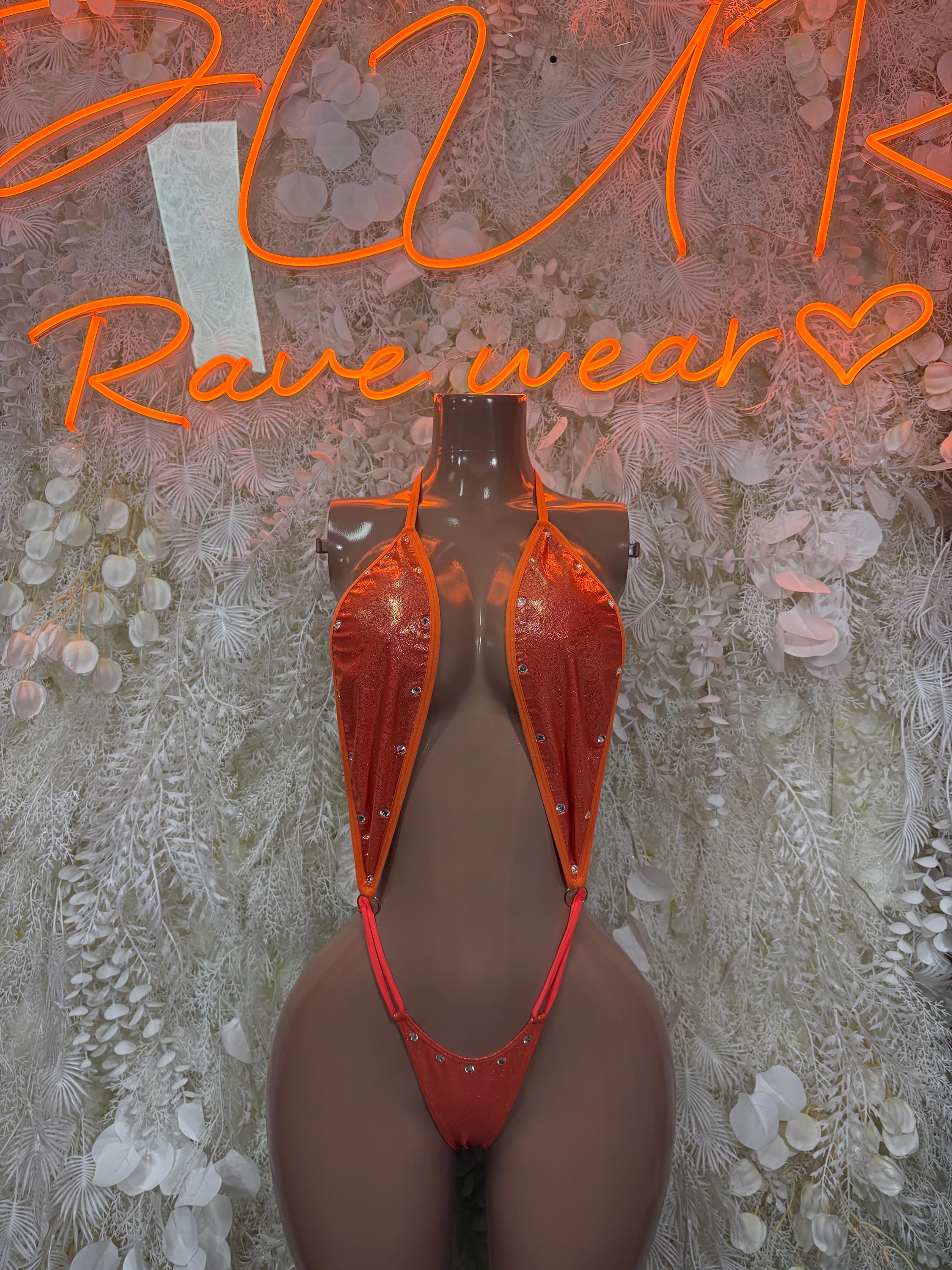 Orange high-cut mesh bodysuit with front cutout and tie straps