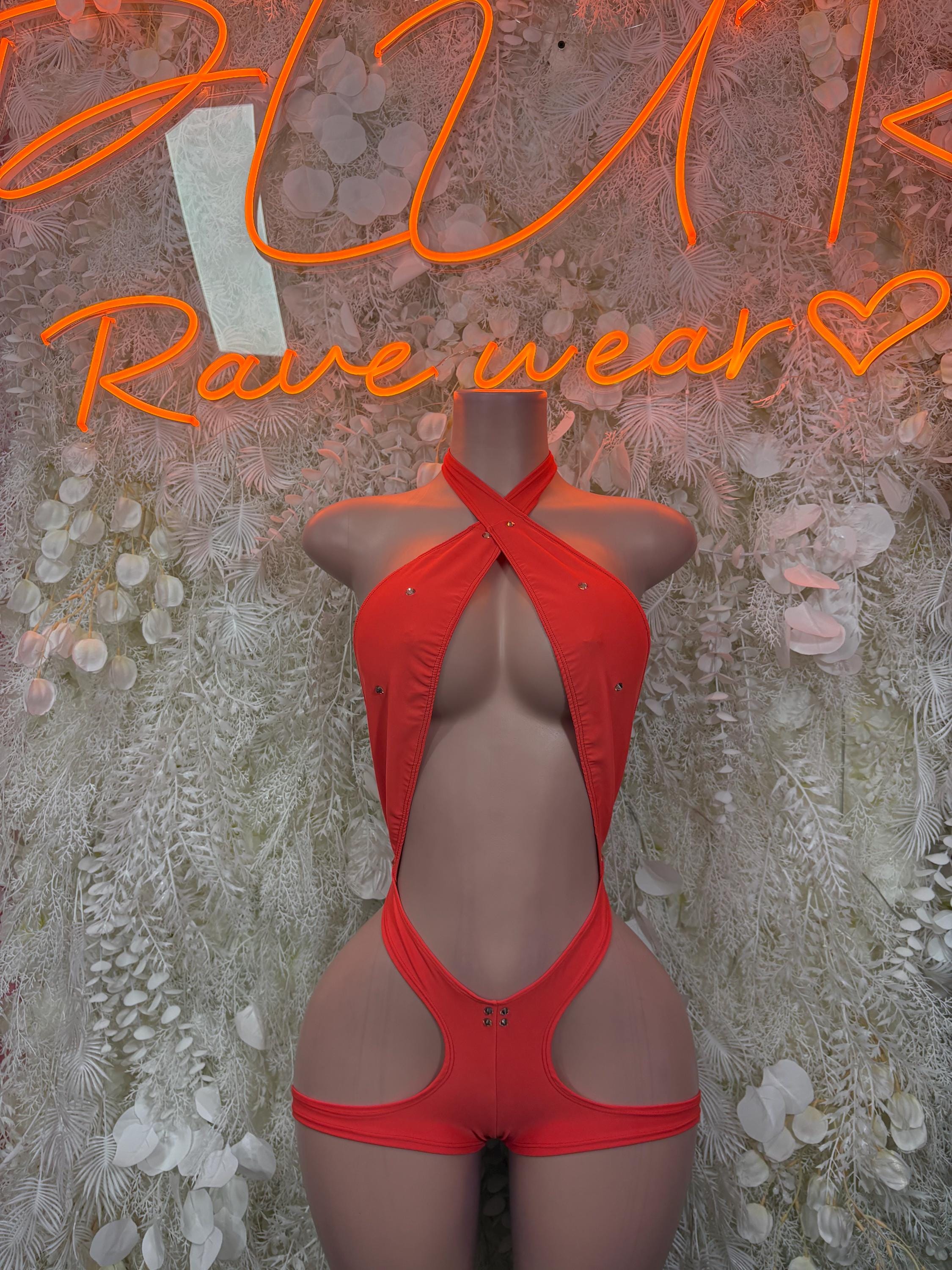 One-piece cutout bodysuit, red, halter straps and high-leg design