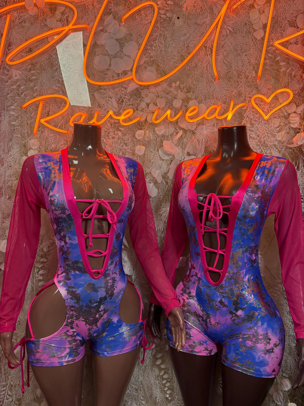 Pink and blue metallic bodysuits, front lace-up design with long sleeves and side ties