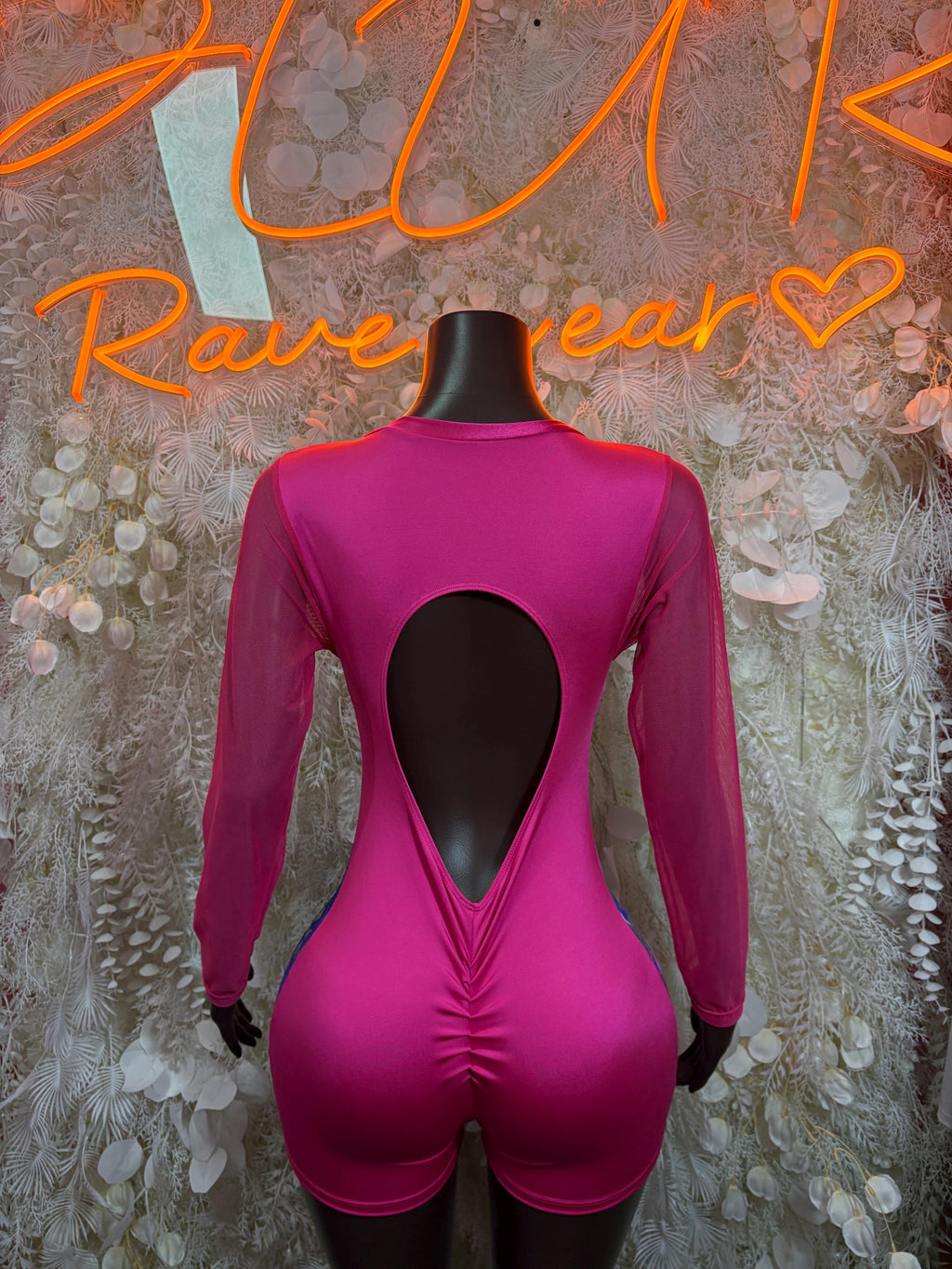 Multicolor metallic long-sleeve bodysuit with back teardrop cutout and pink base