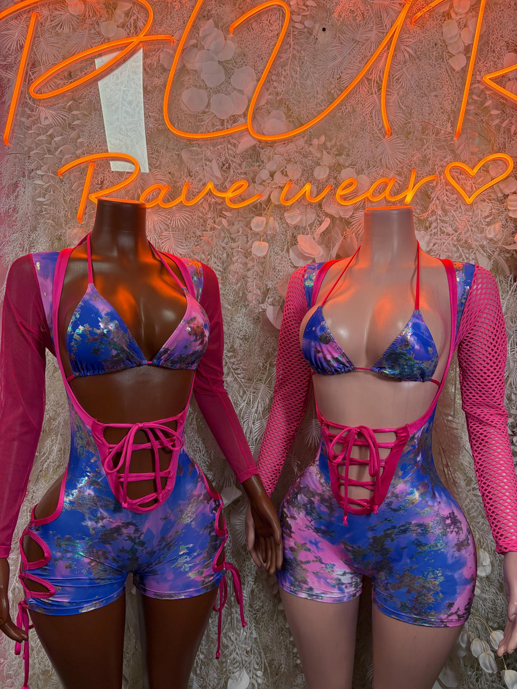 Pink metallic rave bodysuit with blue tie-dye top, lace-up front, shorts, mesh sleeves