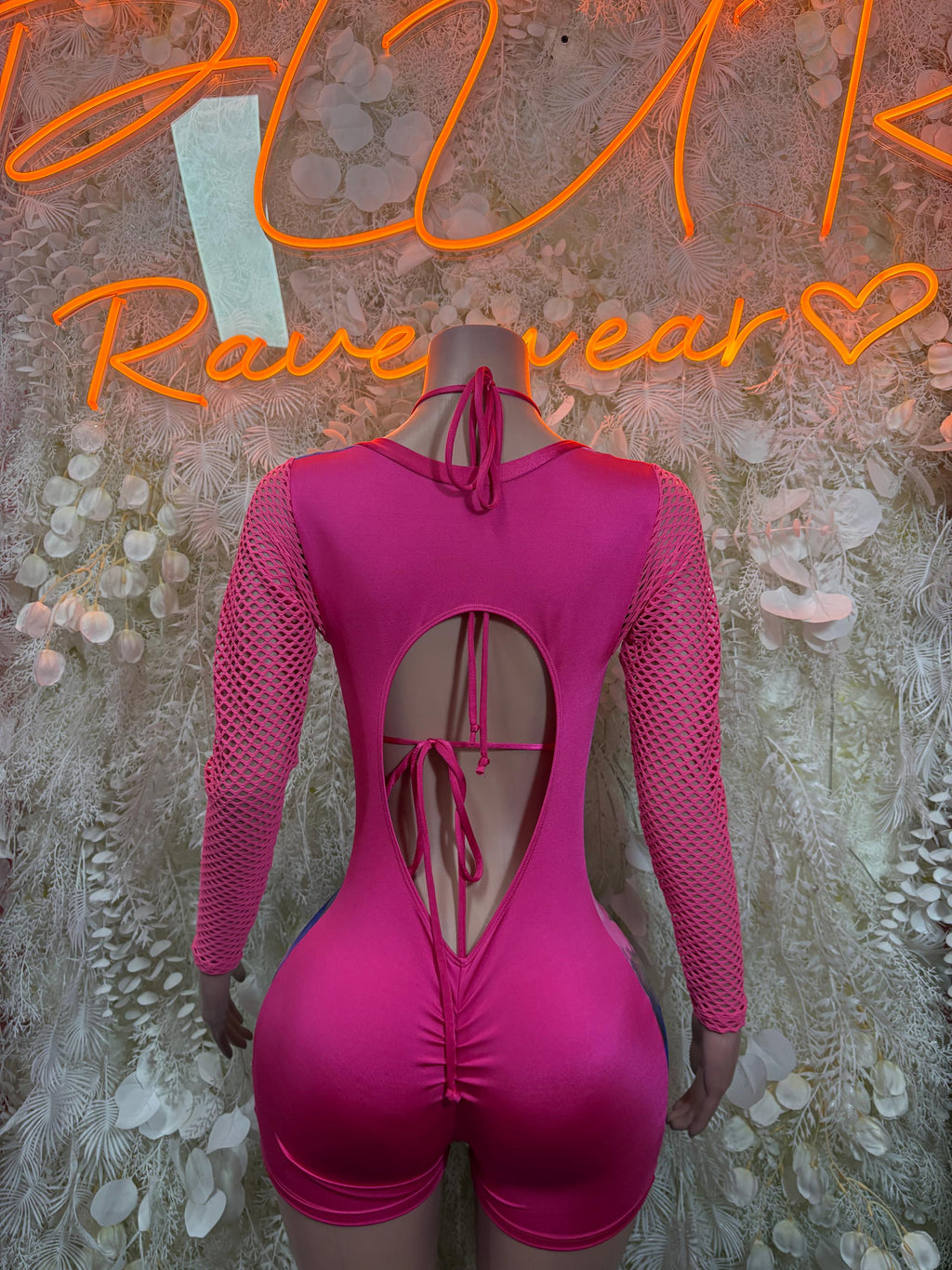 Pink metallic rave bodysuit, open-back cutout, crisscross lace tie at back, mesh sleeves