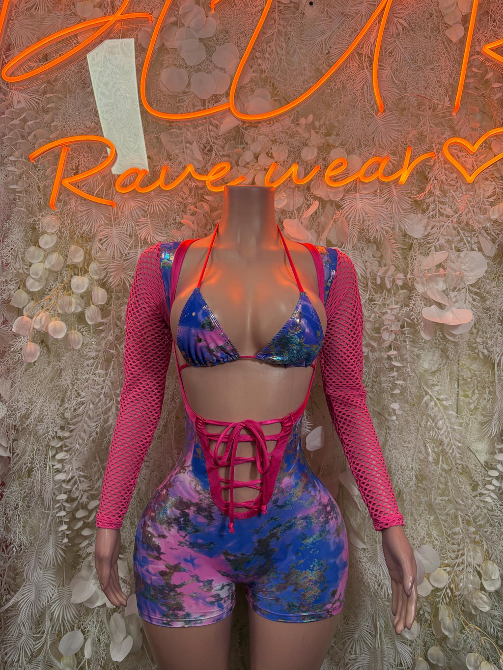 Pink metallic rave bodysuit with blue tie-dye bra top, lace-up front, long mesh sleeves