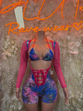 Pink metallic rave bodysuit with blue tie-dye bra top, lace-up front, long mesh sleeves