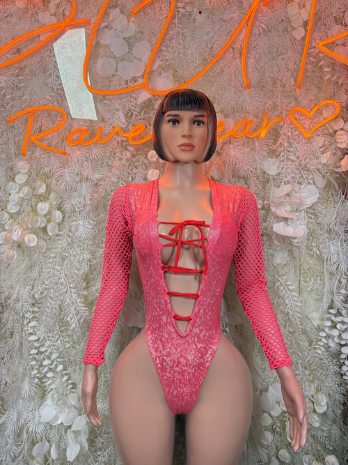 Pink crushed metallic bodysuit with long sleeves and crisscross lace-up neckline