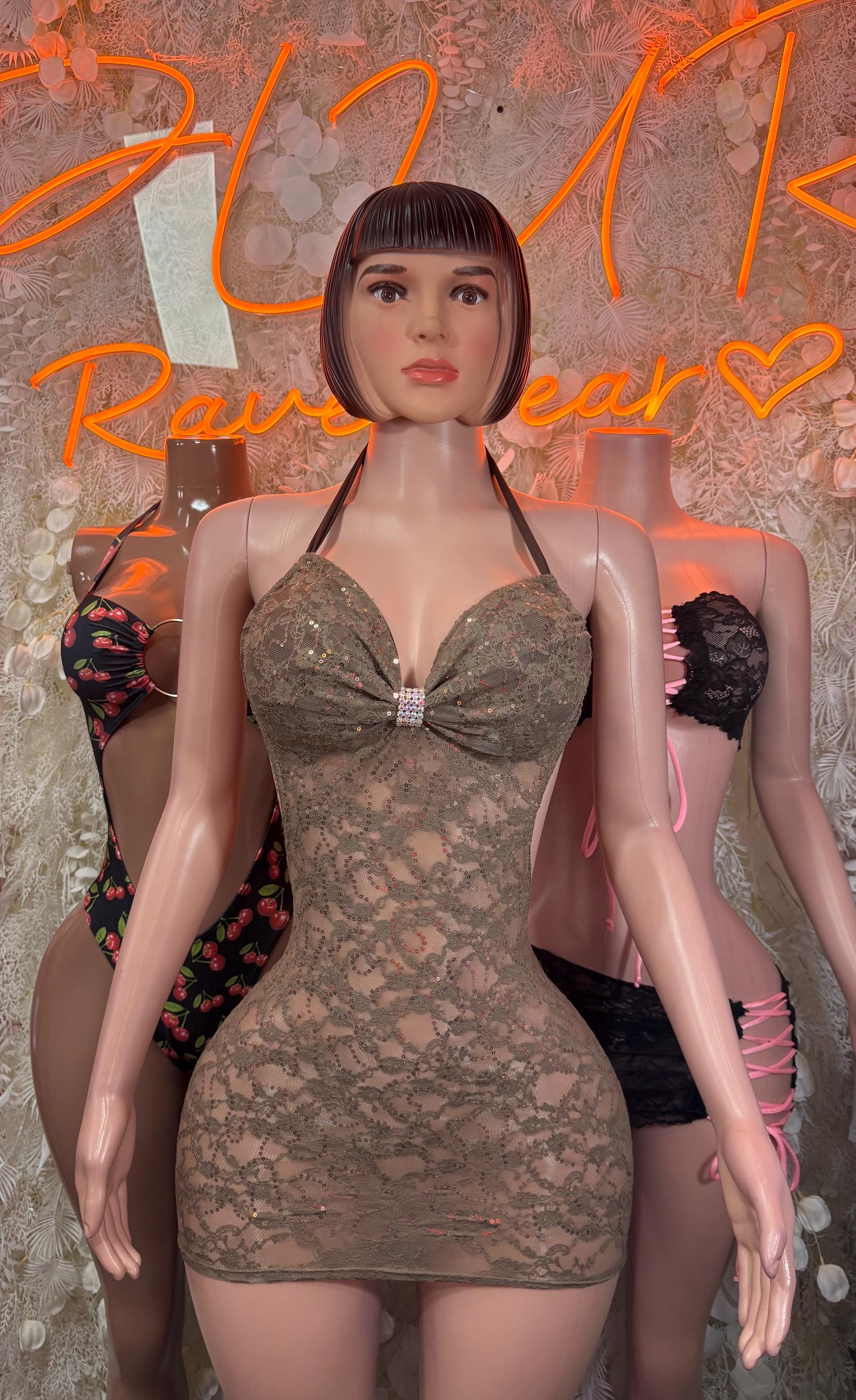 Lace mini dress front, dark green lace with ruched bow bust and short hem
