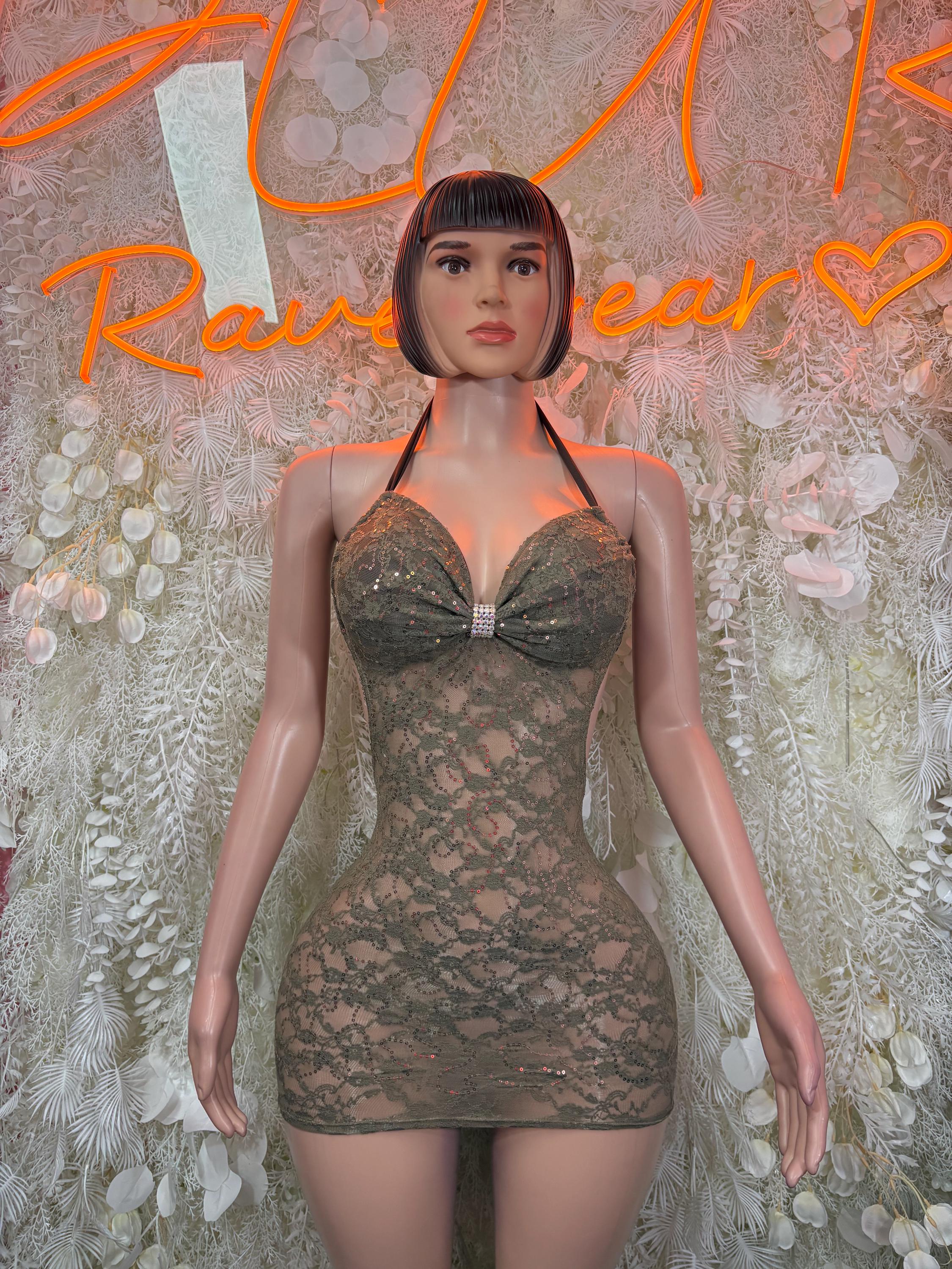 Lace mini dress, dark green mesh with V-neck and rhinestone-trim bust detail