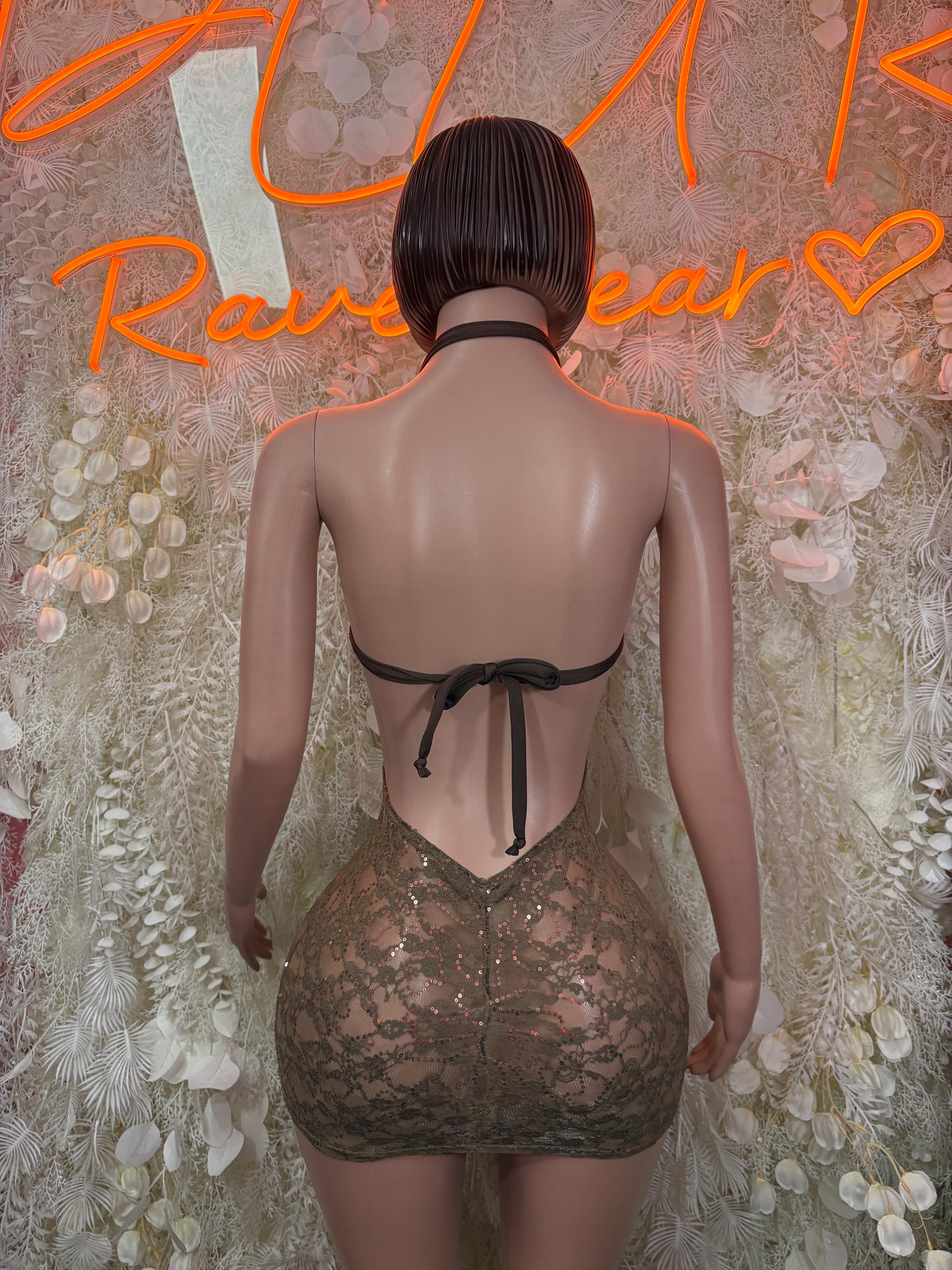 Lace mini dress back, dark green with strappy halter and tie-back ribbon