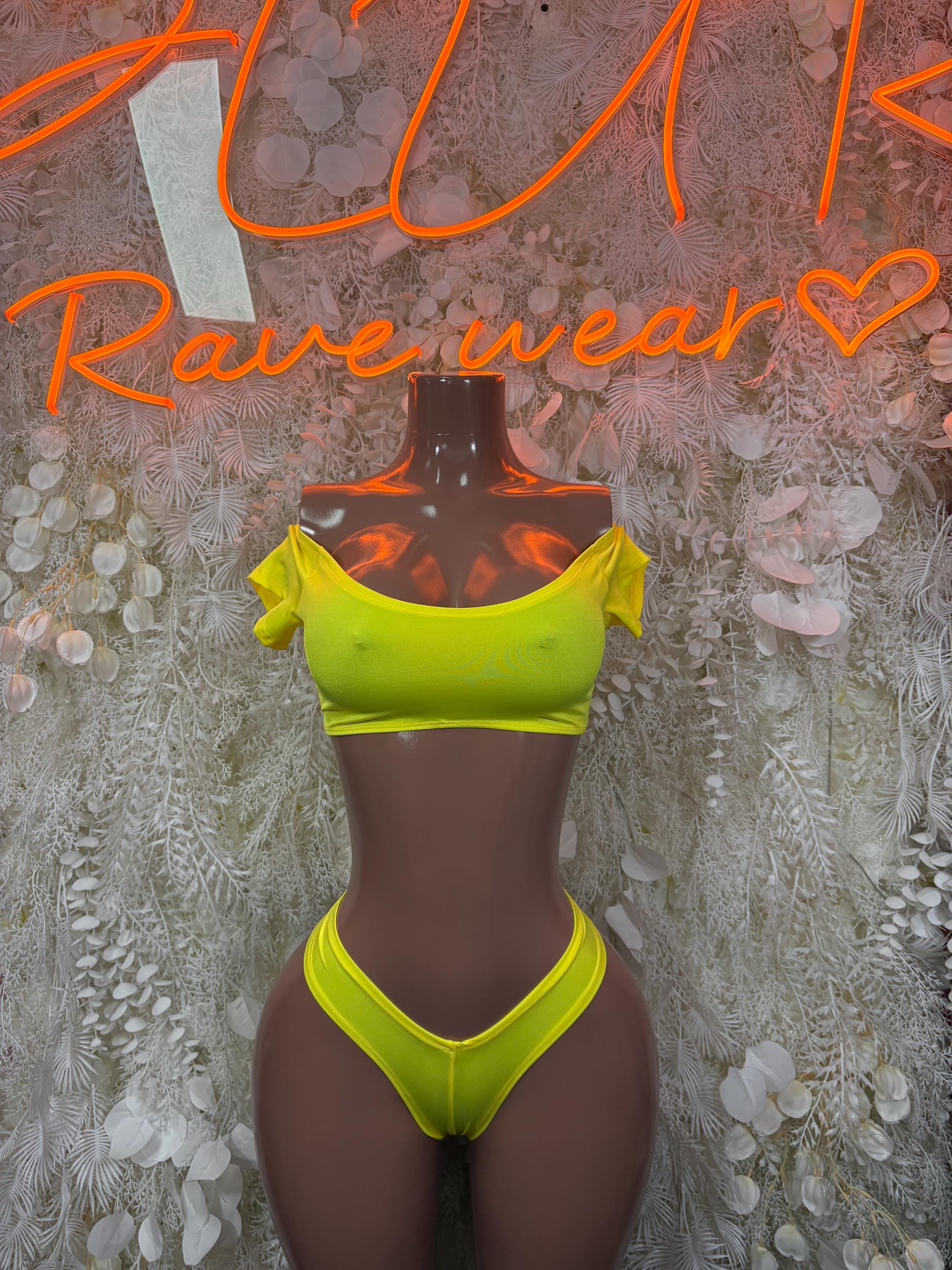 Neon green rave bikini top with off-shoulder ruffle sleeves and high-cut bottoms