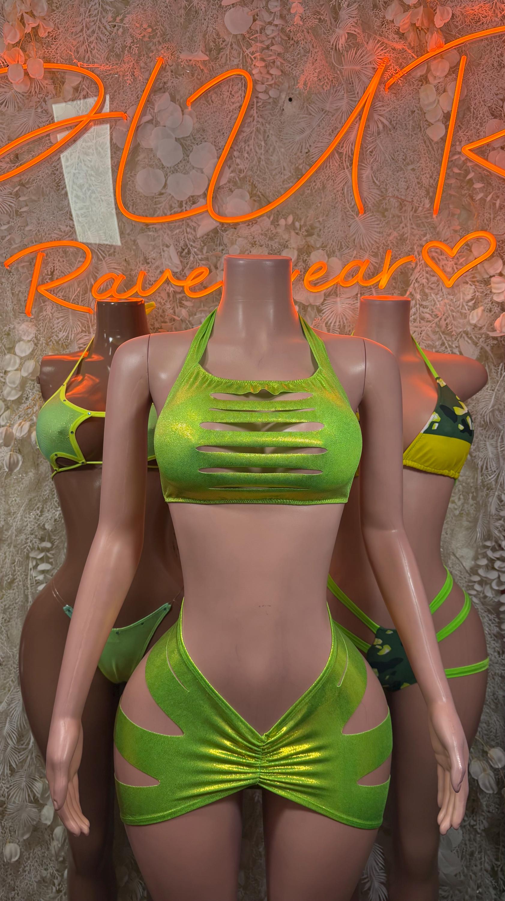 Green metallic ravewear two-piece: sleeveless crop top with crossed ruching and mini shorts