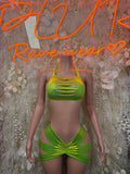 Green metallic rave two-piece: halter crop top with ruched straps and matching shorts