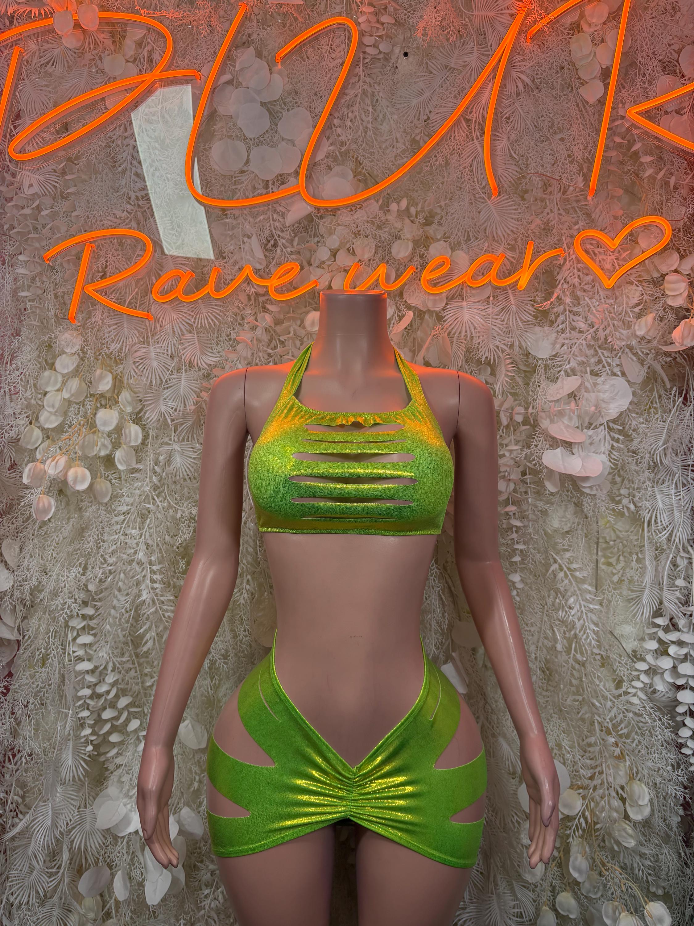 Green metallic rave two-piece: halter crop top with ruched straps and matching shorts