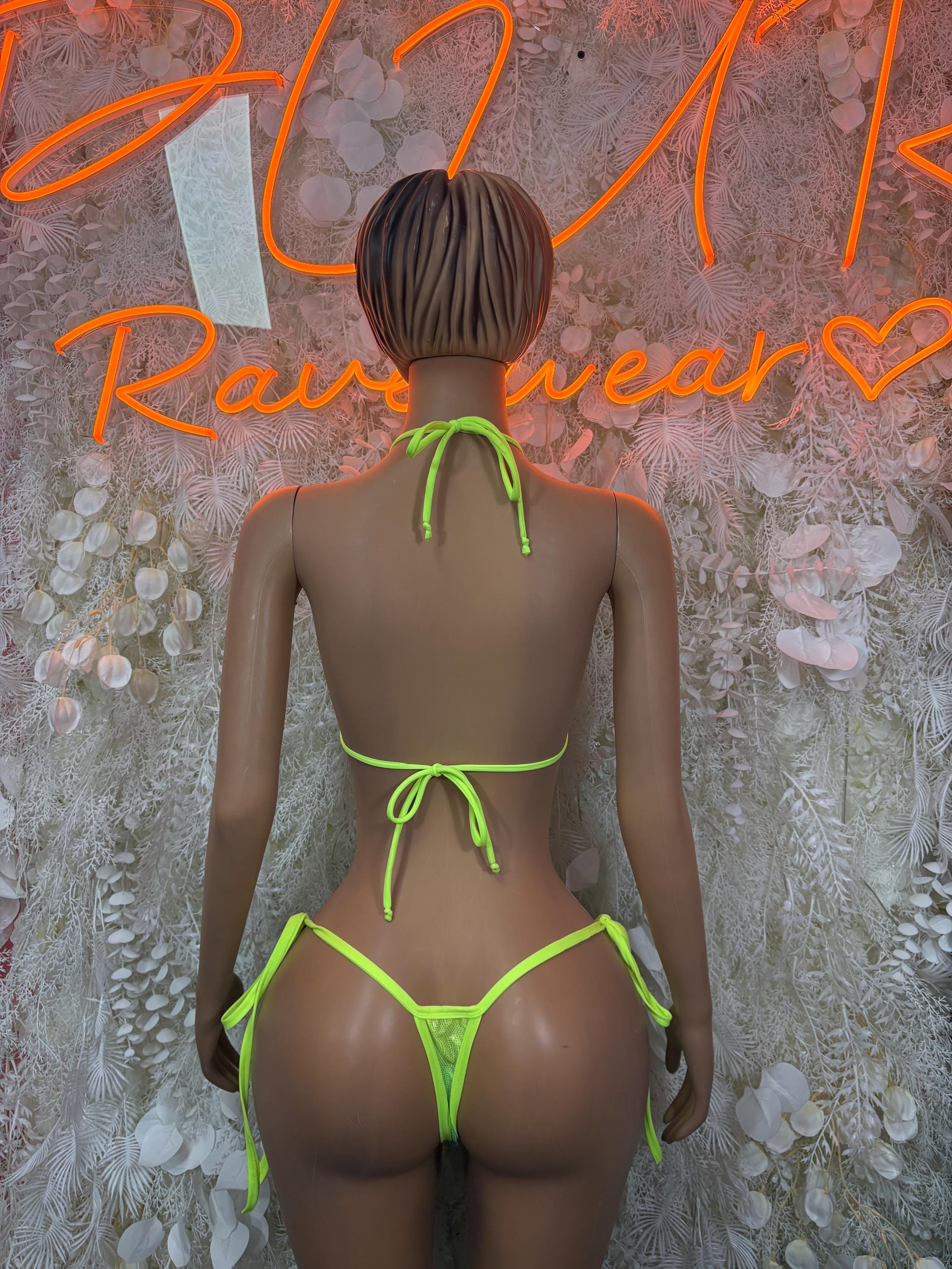 Back view of neon green tie bikini bottoms with pastel purple-blue string straps