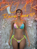 Neon green and pastel purple-blue bikini set with triangle top and tie-back bottoms