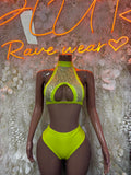 Neon green rave two-piece set: halter bikini top and high-rise briefs