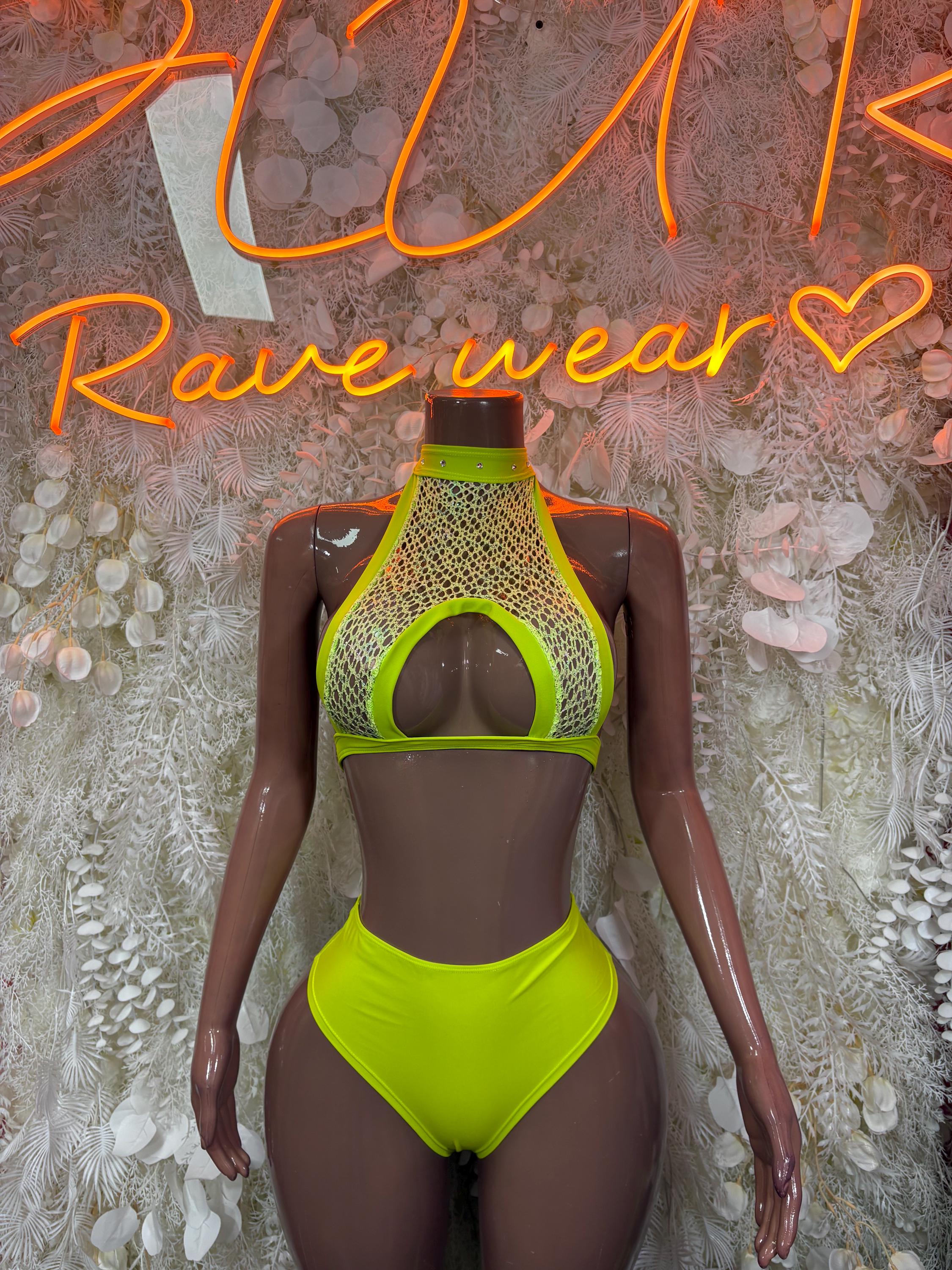 Neon green rave two-piece set: halter bikini top and high-rise briefs