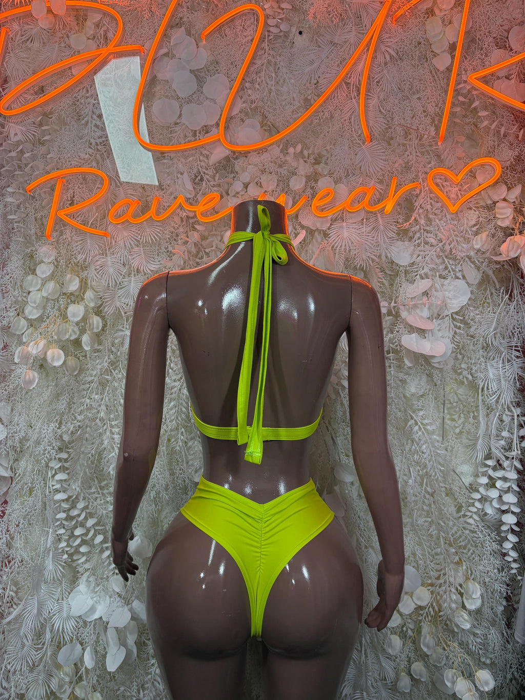 Neon green rave two-piece set: backless tie halter top and matching briefs