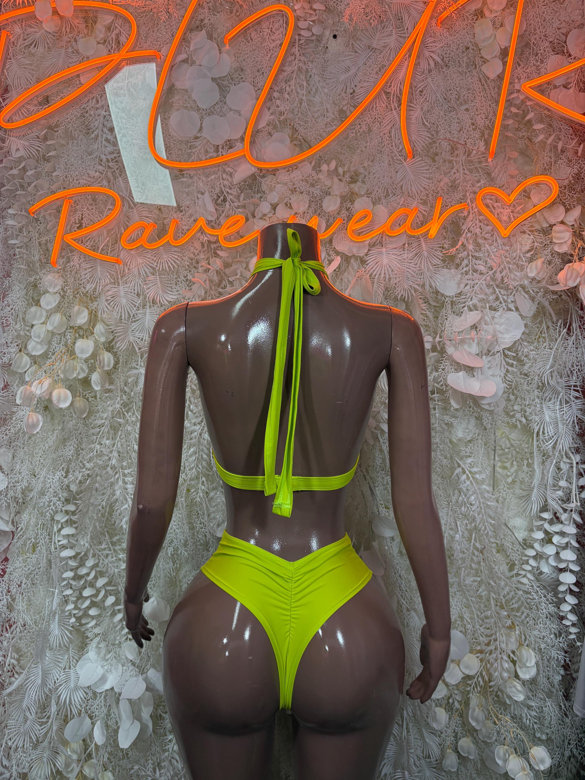 Neon green rave two-piece set: backless tie halter top and matching briefs